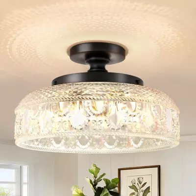 Santos Vintage Hand Carved Floral Clear Glass Semi Flush Mount Ceiling Light