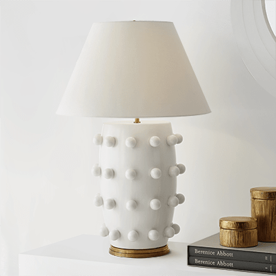 Medium Ceramic Lamp with Linen Shade White | Dot Lamp | Ping Lighting